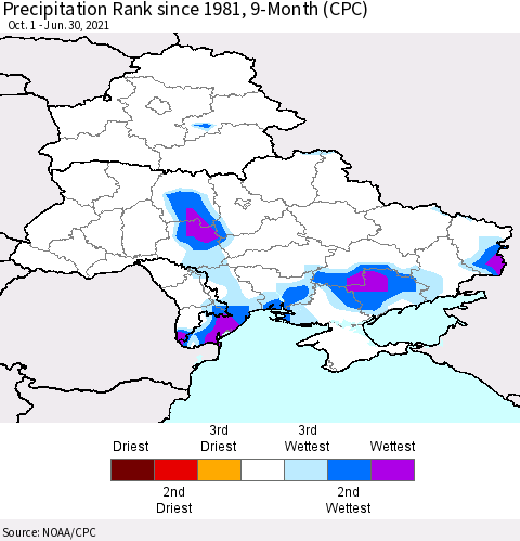 Ukraine, Moldova and Belarus Precipitation Rank 9-Month (CPC) Thematic Map For 10/1/2020 - 6/30/2021