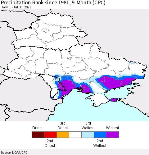 Ukraine, Moldova and Belarus Precipitation Rank 9-Month (CPC) Thematic Map For 11/1/2020 - 7/31/2021