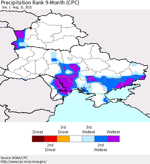 Ukraine, Moldova and Belarus Precipitation Rank 9-Month (CPC) Thematic Map For 12/1/2020 - 8/31/2021