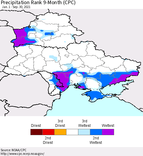 Ukraine, Moldova and Belarus Precipitation Rank 9-Month (CPC) Thematic Map For 1/1/2021 - 9/30/2021