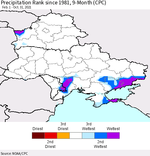 Ukraine, Moldova and Belarus Precipitation Rank 9-Month (CPC) Thematic Map For 2/1/2021 - 10/31/2021
