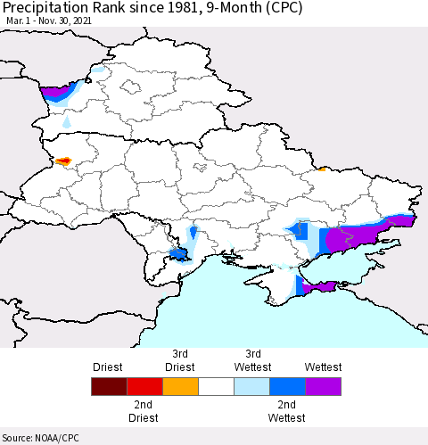 Ukraine, Moldova and Belarus Precipitation Rank since 1981, 9-Month (CPC) Thematic Map For 3/1/2021 - 11/30/2021
