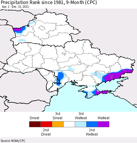 Ukraine, Moldova and Belarus Precipitation Rank 9-Month (CPC) Thematic Map For 4/1/2021 - 12/31/2021