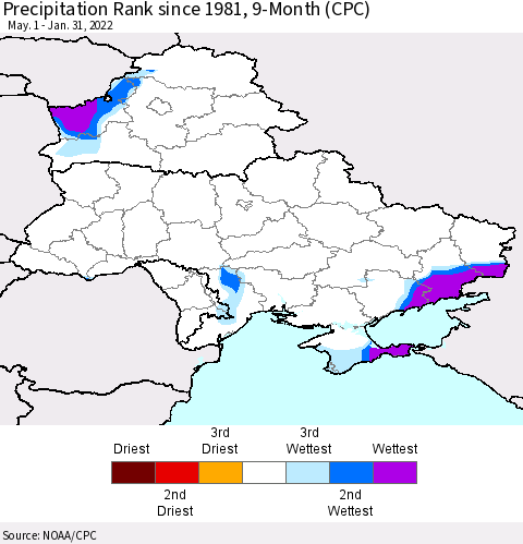 Ukraine, Moldova and Belarus Precipitation Rank since 1981, 9-Month (CPC) Thematic Map For 5/1/2021 - 1/31/2022