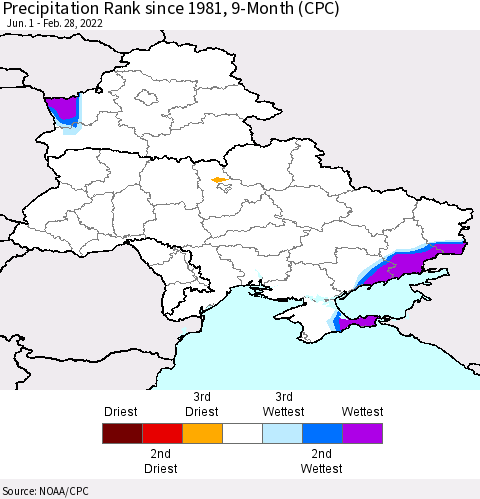 Ukraine, Moldova and Belarus Precipitation Rank since 1981, 9-Month (CPC) Thematic Map For 6/1/2021 - 2/28/2022