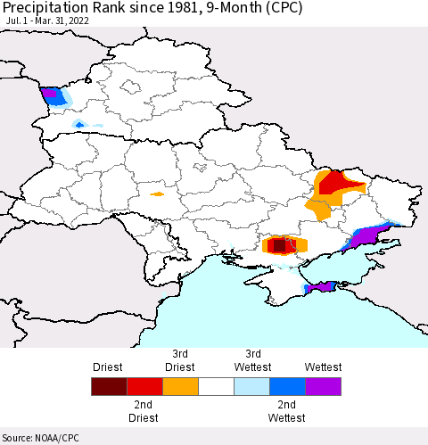 Ukraine, Moldova and Belarus Precipitation Rank since 1981, 9-Month (CPC) Thematic Map For 7/1/2021 - 3/31/2022