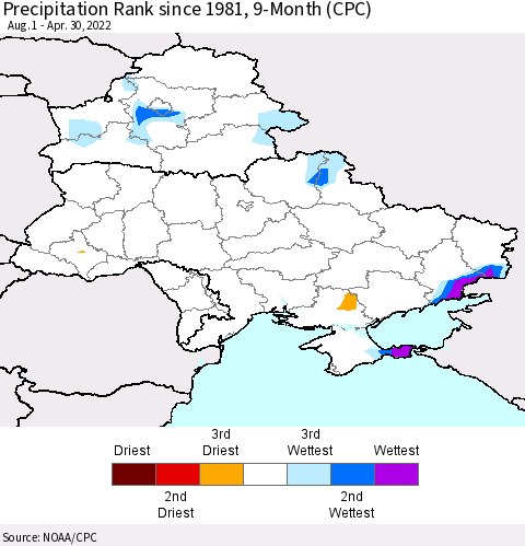 Ukraine, Moldova and Belarus Precipitation Rank since 1981, 9-Month (CPC) Thematic Map For 8/1/2021 - 4/30/2022