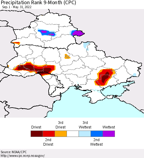 Ukraine, Moldova and Belarus Precipitation Rank 9-Month (CPC) Thematic Map For 9/1/2021 - 5/31/2022
