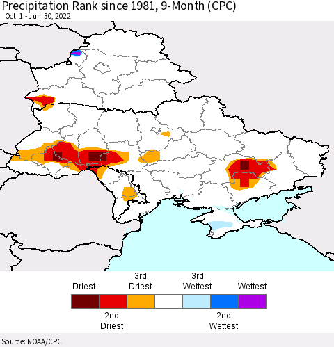 Ukraine, Moldova and Belarus Precipitation Rank since 1981, 9-Month (CPC) Thematic Map For 10/1/2021 - 6/30/2022