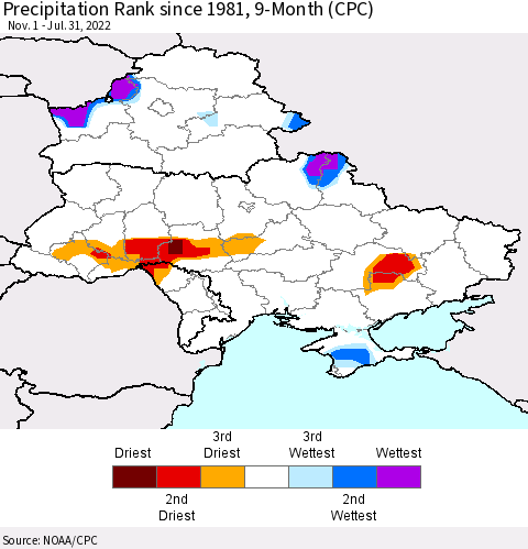 Ukraine, Moldova and Belarus Precipitation Rank since 1981, 9-Month (CPC) Thematic Map For 11/1/2021 - 7/31/2022