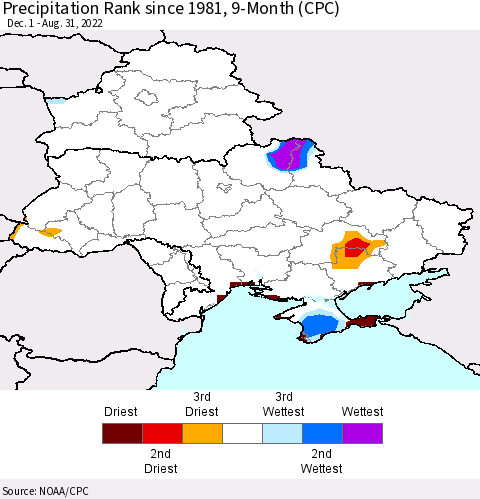 Ukraine, Moldova and Belarus Precipitation Rank since 1981, 9-Month (CPC) Thematic Map For 12/1/2021 - 8/31/2022