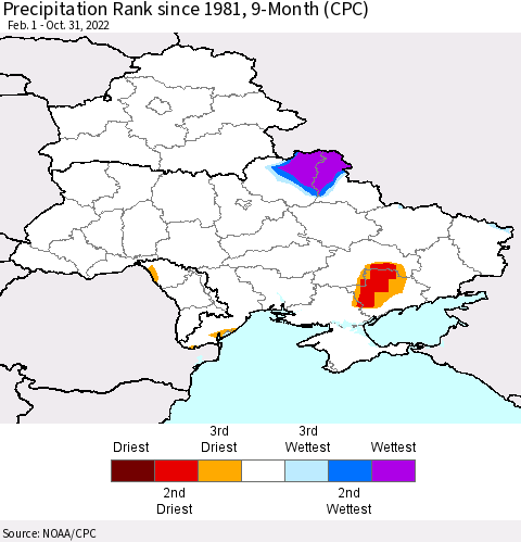 Ukraine, Moldova and Belarus Precipitation Rank since 1981, 9-Month (CPC) Thematic Map For 2/1/2022 - 10/31/2022