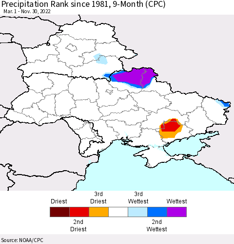 Ukraine, Moldova and Belarus Precipitation Rank since 1981, 9-Month (CPC) Thematic Map For 3/1/2022 - 11/30/2022