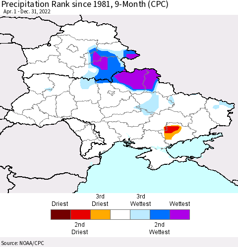 Ukraine, Moldova and Belarus Precipitation Rank 9-Month (CPC) Thematic Map For 4/1/2022 - 12/31/2022