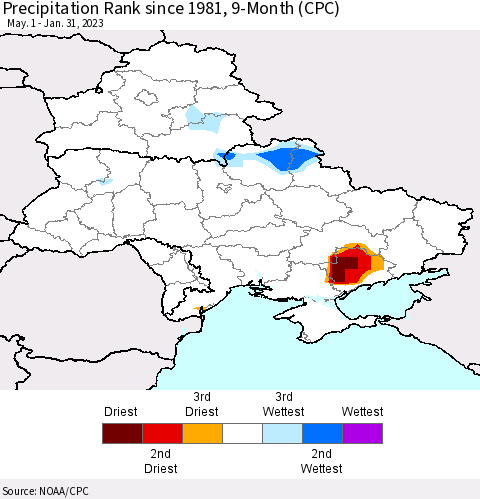 Ukraine, Moldova and Belarus Precipitation Rank since 1981, 9-Month (CPC) Thematic Map For 5/1/2022 - 1/31/2023