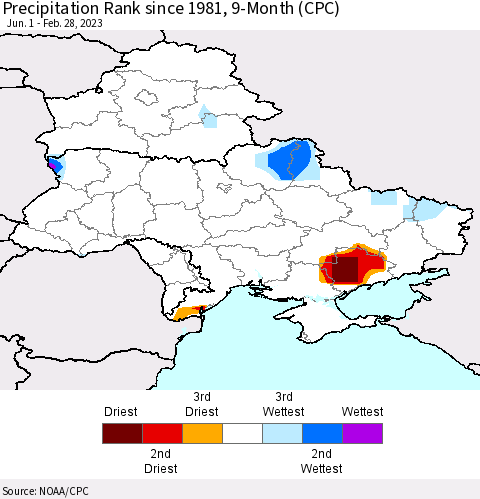 Ukraine, Moldova and Belarus Precipitation Rank since 1981, 9-Month (CPC) Thematic Map For 6/1/2022 - 2/28/2023