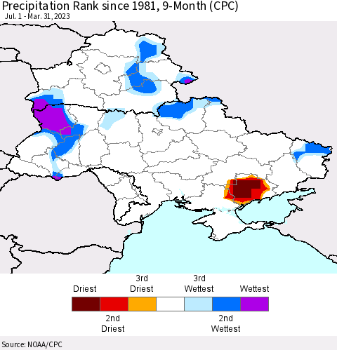 Ukraine, Moldova and Belarus Precipitation Rank 9-Month (CPC) Thematic Map For 7/1/2022 - 3/31/2023