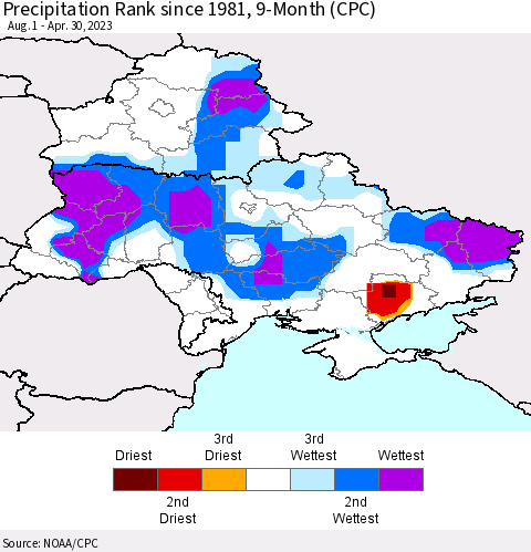 Ukraine, Moldova and Belarus Precipitation Rank 9-Month (CPC) Thematic Map For 8/1/2022 - 4/30/2023