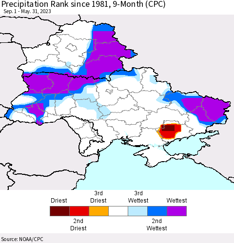 Ukraine, Moldova and Belarus Precipitation Rank 9-Month (CPC) Thematic Map For 9/1/2022 - 5/31/2023