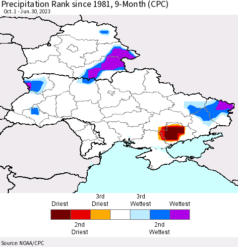 Ukraine, Moldova and Belarus Precipitation Rank since 1981, 9-Month (CPC) Thematic Map For 10/1/2022 - 6/30/2023