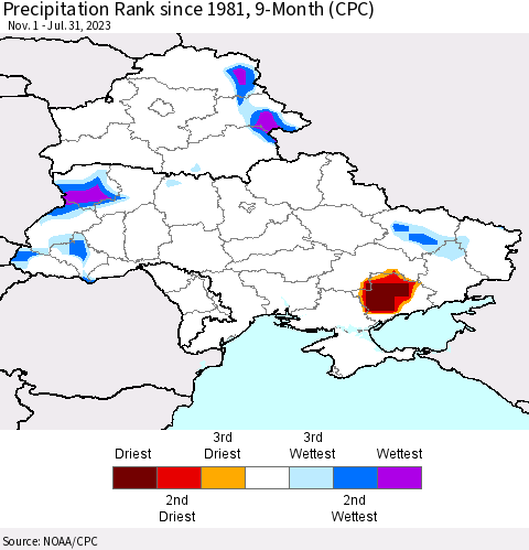 Ukraine, Moldova and Belarus Precipitation Rank since 1981, 9-Month (CPC) Thematic Map For 11/1/2022 - 7/31/2023