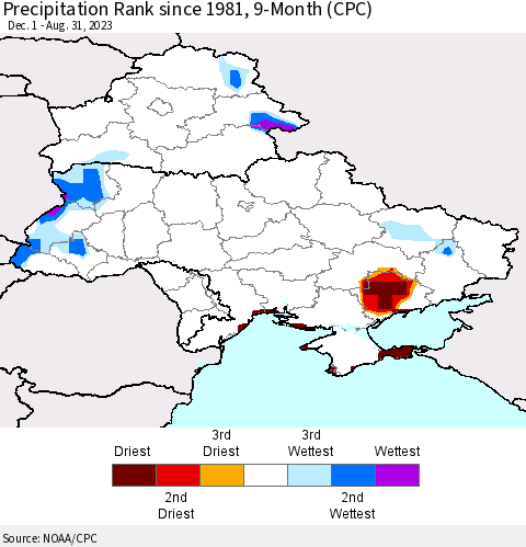 Ukraine, Moldova and Belarus Precipitation Rank since 1981, 9-Month (CPC) Thematic Map For 12/1/2022 - 8/31/2023