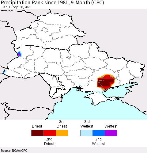 Ukraine, Moldova and Belarus Precipitation Rank since 1981, 9-Month (CPC) Thematic Map For 1/1/2023 - 9/30/2023