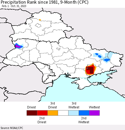 Ukraine, Moldova and Belarus Precipitation Rank since 1981, 9-Month (CPC) Thematic Map For 2/1/2023 - 10/31/2023