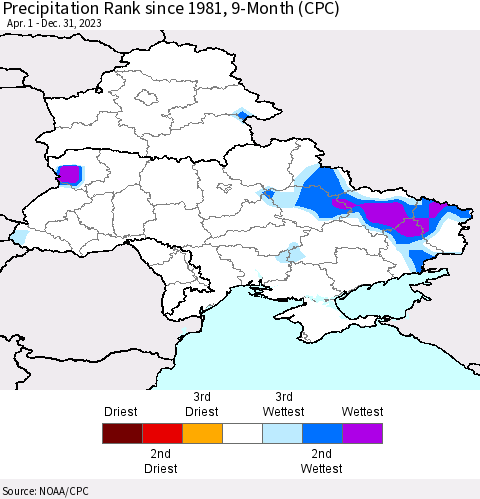 Ukraine, Moldova and Belarus Precipitation Rank since 1981, 9-Month (CPC) Thematic Map For 4/1/2023 - 12/31/2023