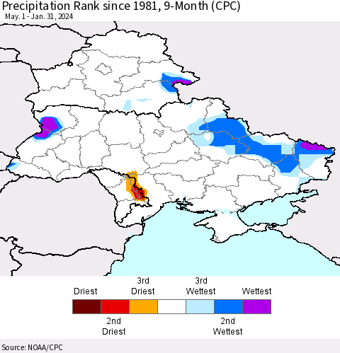 Ukraine, Moldova and Belarus Precipitation Rank since 1981, 9-Month (CPC) Thematic Map For 5/1/2023 - 1/31/2024