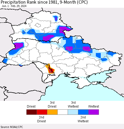 Ukraine, Moldova and Belarus Precipitation Rank since 1981, 9-Month (CPC) Thematic Map For 6/1/2023 - 2/29/2024