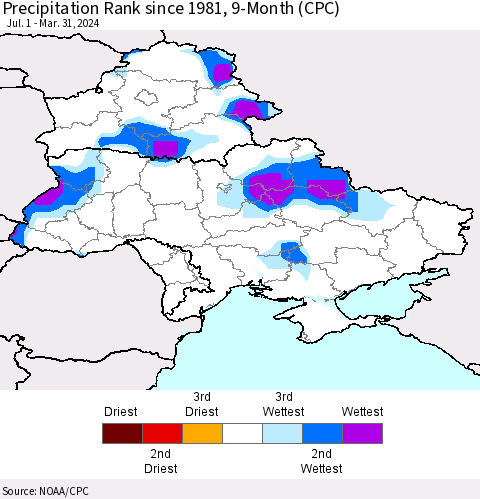 Ukraine, Moldova and Belarus Precipitation Rank since 1981, 9-Month (CPC) Thematic Map For 7/1/2023 - 3/31/2024