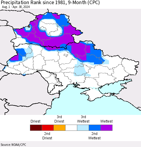 Ukraine, Moldova and Belarus Precipitation Rank since 1981, 9-Month (CPC) Thematic Map For 8/1/2023 - 4/30/2024