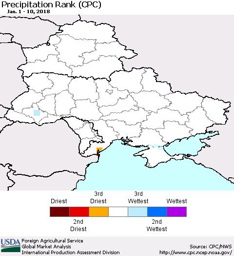 Ukraine, Moldova and Belarus Precipitation Rank since 1981 (CPC) Thematic Map For 1/1/2018 - 1/10/2018