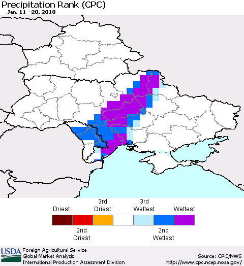 Ukraine, Moldova and Belarus Precipitation Rank since 1981 (CPC) Thematic Map For 1/11/2018 - 1/20/2018