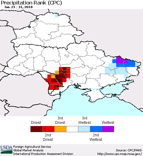 Ukraine, Moldova and Belarus Precipitation Rank since 1981 (CPC) Thematic Map For 1/21/2018 - 1/31/2018
