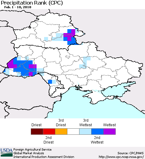Ukraine, Moldova and Belarus Precipitation Rank since 1981 (CPC) Thematic Map For 2/1/2018 - 2/10/2018