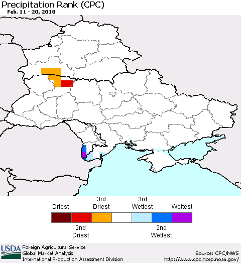 Ukraine, Moldova and Belarus Precipitation Rank since 1981 (CPC) Thematic Map For 2/11/2018 - 2/20/2018
