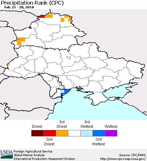 Ukraine, Moldova and Belarus Precipitation Rank since 1981 (CPC) Thematic Map For 2/21/2018 - 2/28/2018