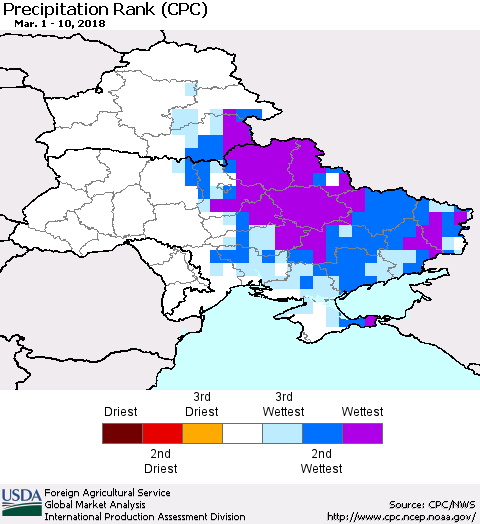Ukraine, Moldova and Belarus Precipitation Rank since 1981 (CPC) Thematic Map For 3/1/2018 - 3/10/2018