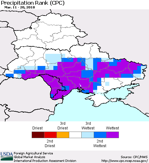 Ukraine, Moldova and Belarus Precipitation Rank since 1981 (CPC) Thematic Map For 3/11/2018 - 3/20/2018