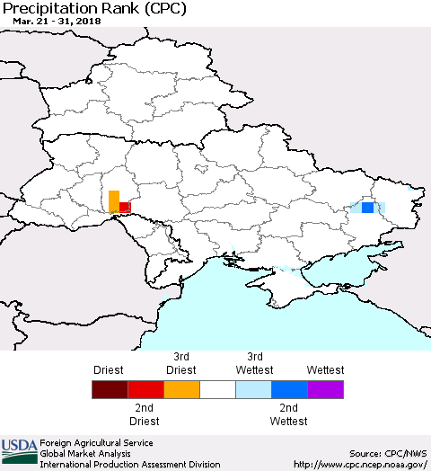 Ukraine, Moldova and Belarus Precipitation Rank since 1981 (CPC) Thematic Map For 3/21/2018 - 3/31/2018