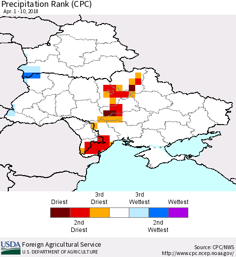 Ukraine, Moldova and Belarus Precipitation Rank since 1981 (CPC) Thematic Map For 4/1/2018 - 4/10/2018