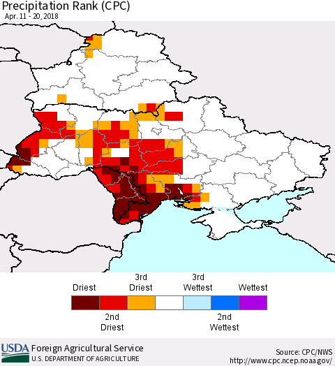 Ukraine, Moldova and Belarus Precipitation Rank since 1981 (CPC) Thematic Map For 4/11/2018 - 4/20/2018