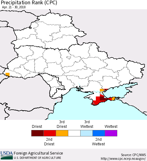 Ukraine, Moldova and Belarus Precipitation Rank since 1981 (CPC) Thematic Map For 4/21/2018 - 4/30/2018
