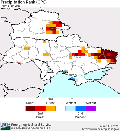 Ukraine, Moldova and Belarus Precipitation Rank since 1981 (CPC) Thematic Map For 5/1/2018 - 5/10/2018