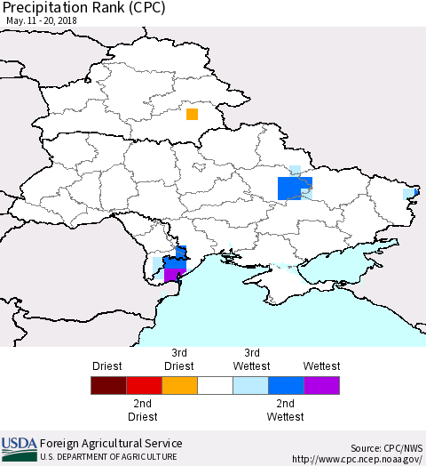Ukraine, Moldova and Belarus Precipitation Rank since 1981 (CPC) Thematic Map For 5/11/2018 - 5/20/2018