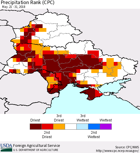 Ukraine, Moldova and Belarus Precipitation Rank since 1981 (CPC) Thematic Map For 5/21/2018 - 5/31/2018