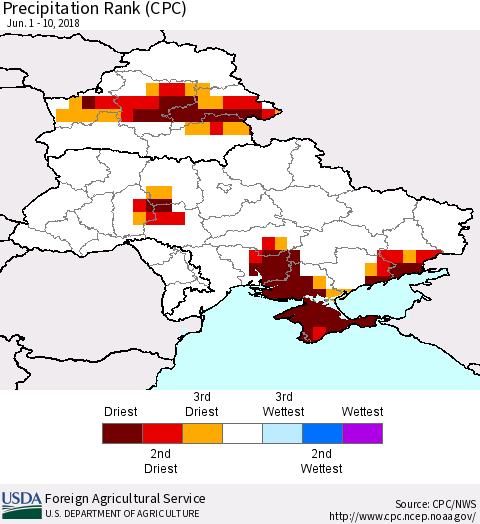 Ukraine, Moldova and Belarus Precipitation Rank since 1981 (CPC) Thematic Map For 6/1/2018 - 6/10/2018