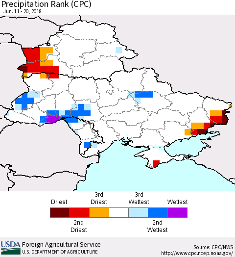 Ukraine, Moldova and Belarus Precipitation Rank since 1981 (CPC) Thematic Map For 6/11/2018 - 6/20/2018